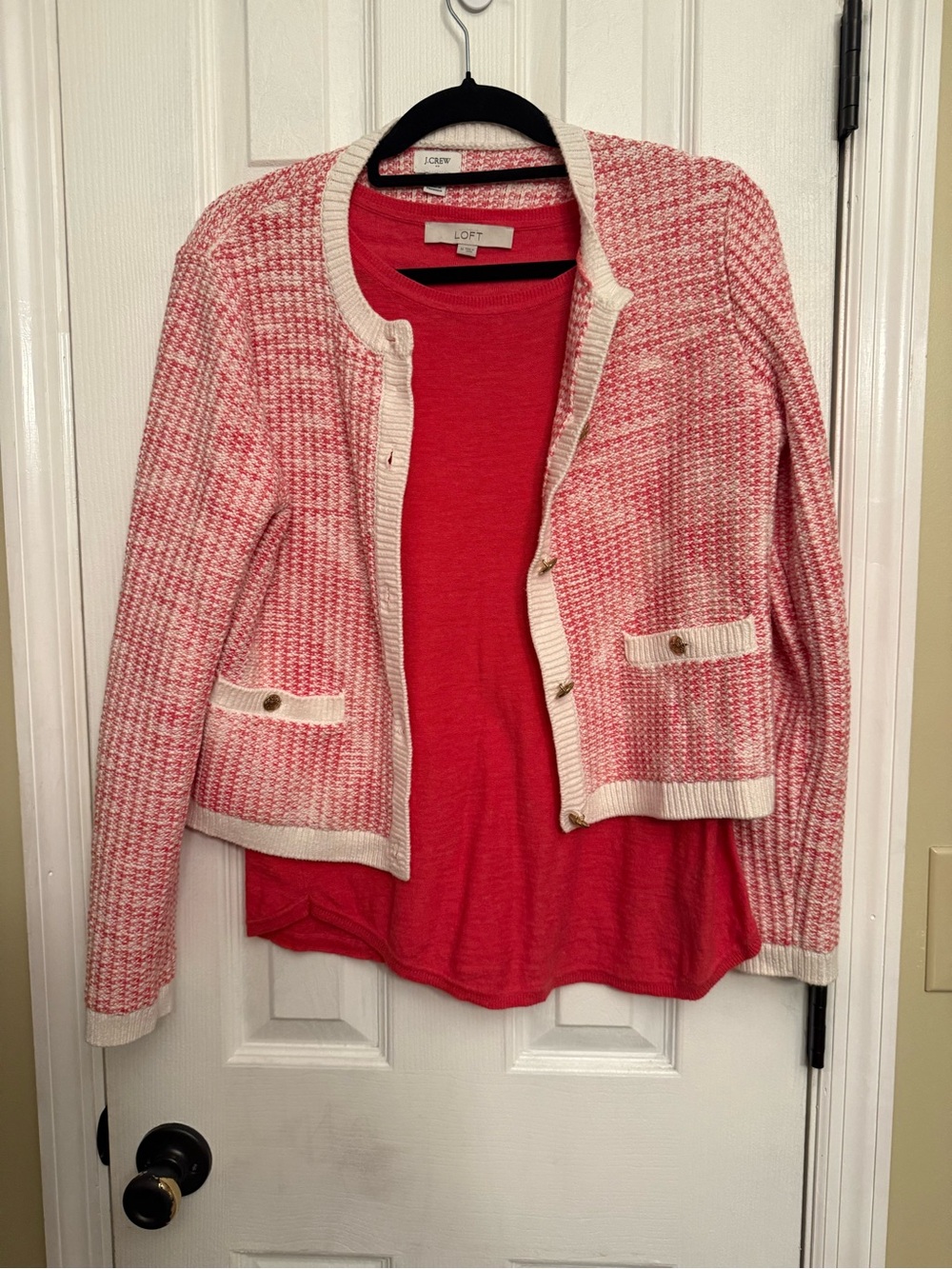 J. Crew Pink Cream Tweed Cardigan Loft sweater large medium $118 Anthropologie